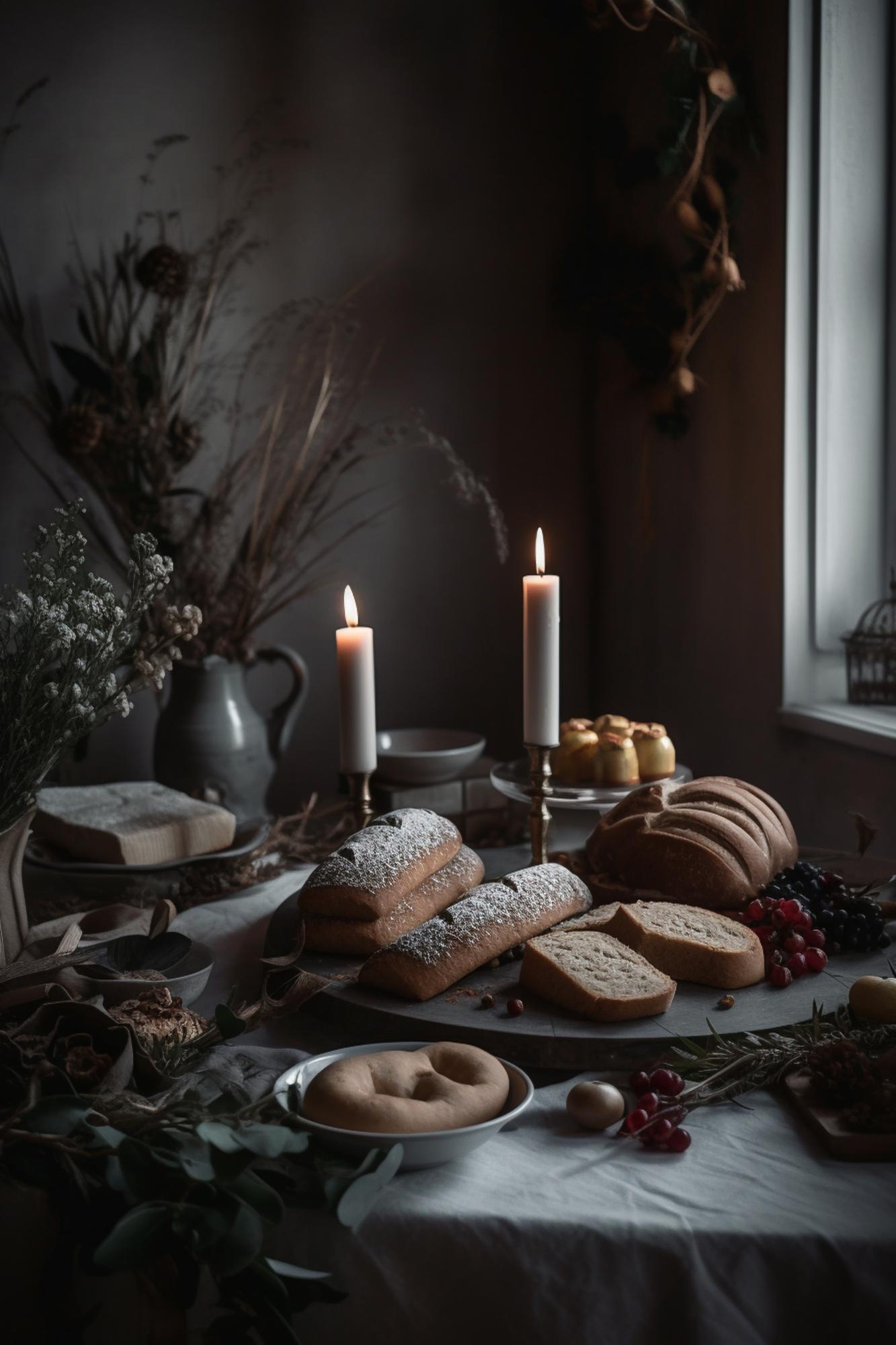 Long table set for a winter tasting with candles
